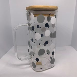 Square cup with handle, bamboo lid, and straw